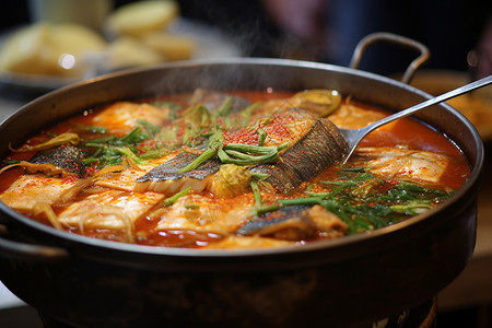 大锅海鲜一碗新鲜的泡菜汤背景