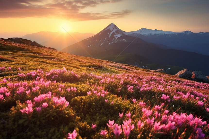 夏日山脉绽放的野花图片