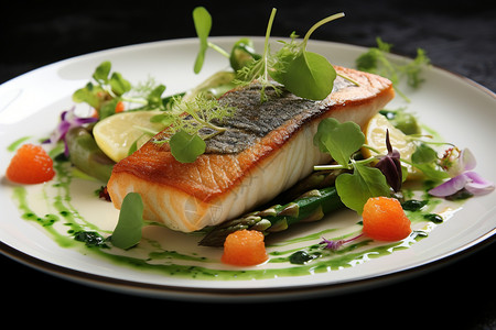 鱼艺术一盘鱼肉与蔬菜的美食艺术背景