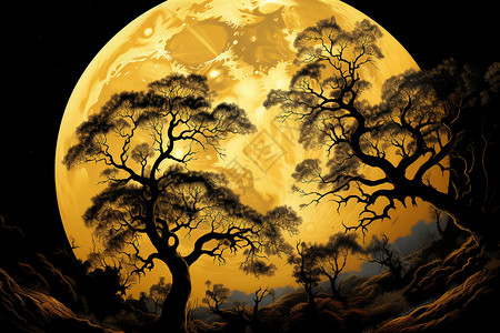叶子剪影月光照耀下的树插画