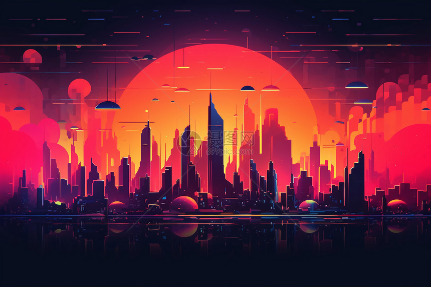 夕阳下的未来都市图片