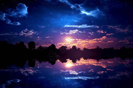 月光树林夜空下的湖泊背景