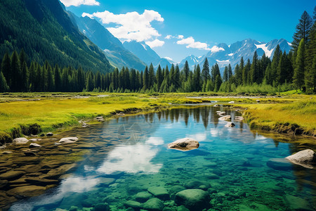 大山间的清晰见底湖水背景图片