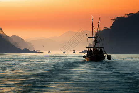 大海海鱼宁静海岛上的渔船呈现的美景背景