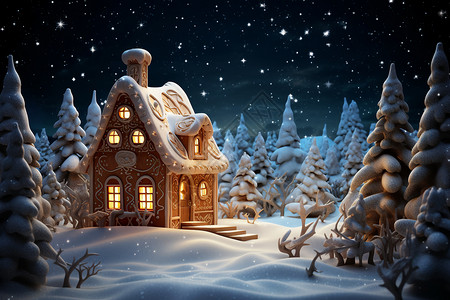 雪夜圣诞圣诞节发光的小屋插画
