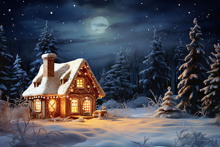 雪夜森林背景冬日发光的小屋插画