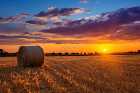 小麦草夕阳稻田上的草捆背景