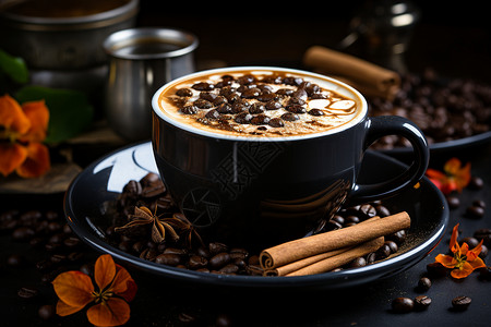 黑色可可饮品香浓咖啡上的巧克力豆背景