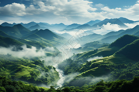 热带雨林景观河流流淌的山谷插画