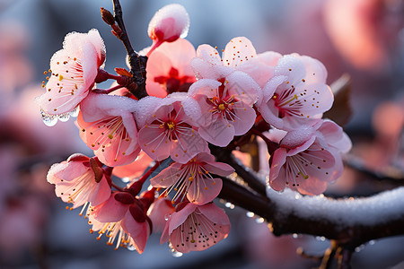 积雪枝头盛放的樱花图片
