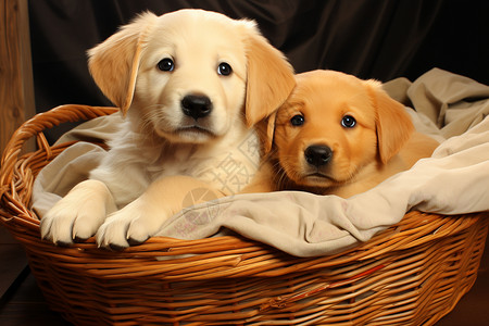 两只小狗坐在篮子里图片