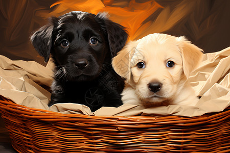 两只小狗坐在篮子里背景图片