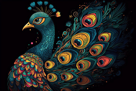 各种颜色的羽毛色彩斑斓的孔雀插画