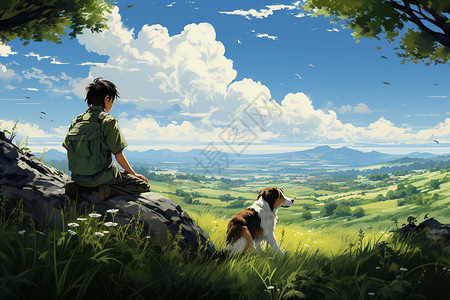 主人与宠物狗坐在岩石上插画