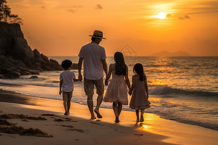 家庭幸福的海滩行走背景图片