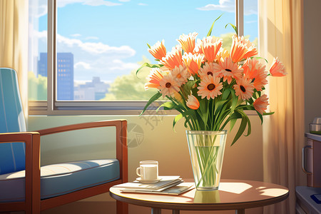 茶几花瓶一束美丽的花插画