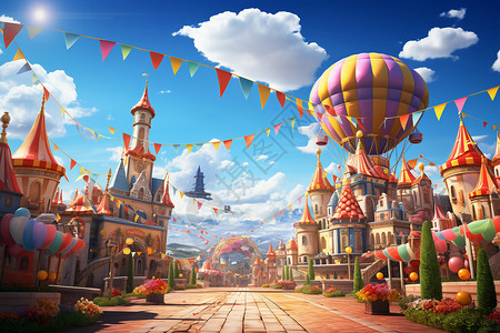 上空风景城堡上空的热气球插画