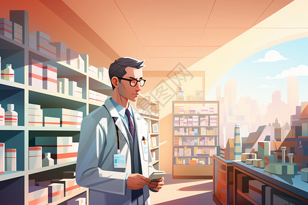 药品货架药房内的一名男子插画