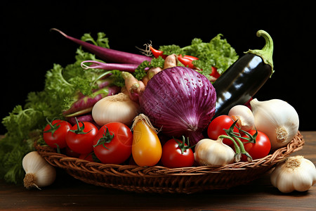藤上的茄子菜篮子上的各种蔬菜（餐饮美食-美食餐饮）背景