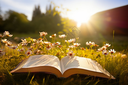 开满小花的草地上有一本书背景图片