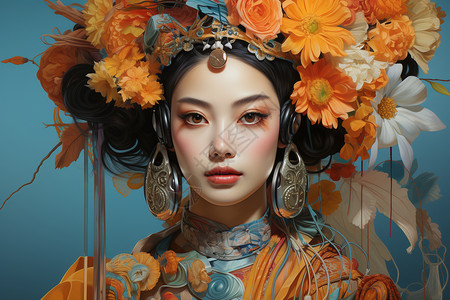 橙色花朵头头上戴着花朵耳环的美女插画