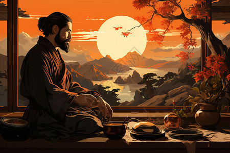 传统东方的品茶文化创意插图图片