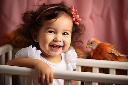 婴儿床里纯真笑容的女孩图片