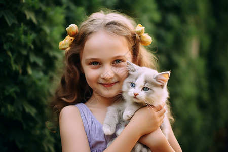 甜美女孩怀中的小猫图片