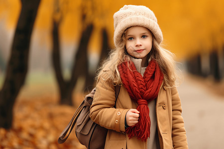 秋季公园中的外国小女孩背景图片