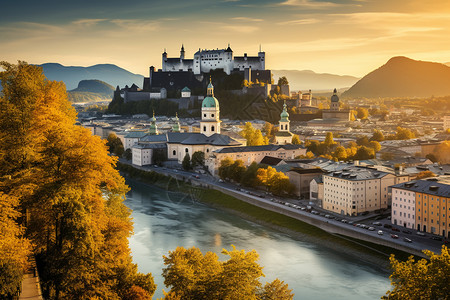 欧洲秋日的河畔城堡图片