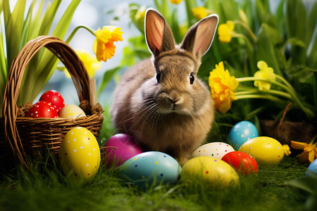 复活节兔子与彩蛋花篮背景图片