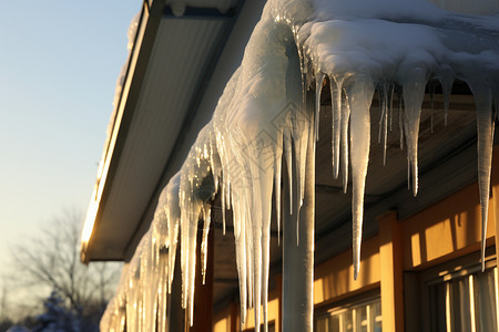 冬日房屋自然悬挂的冰柱图片