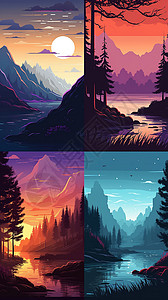 夕阳时的山脉插画图片