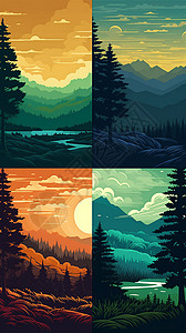 风景时间素材不同时间的森林山脉风景插画