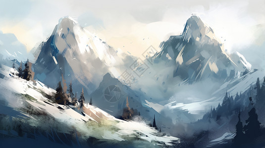 绘画的山脉风景背景图片