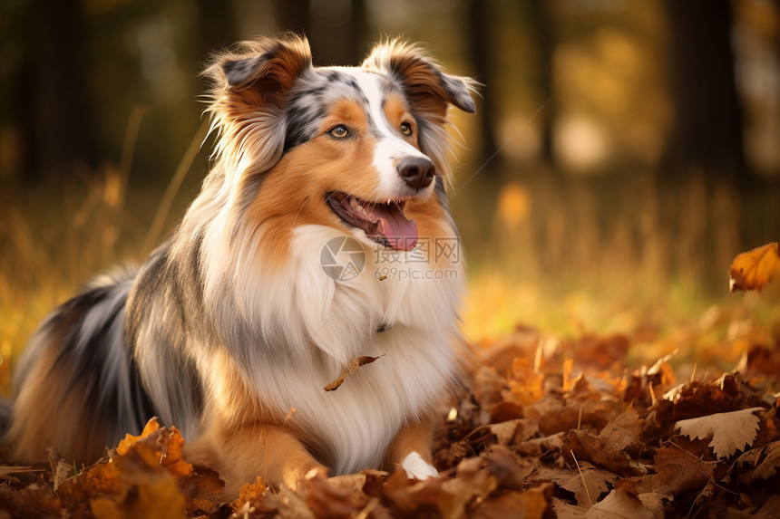 树叶上正在微笑的小狗图片