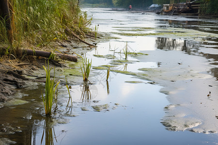 湿地破坏污染流入的池塘河水背景