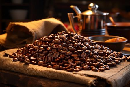 咖啡豆布袋包装木桌布袋上的咖啡豆背景