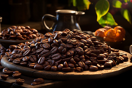 散落木桌的咖啡豆背景图片