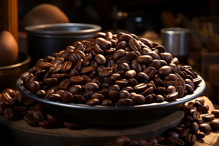 日出暖阳下的咖啡豆高清图片