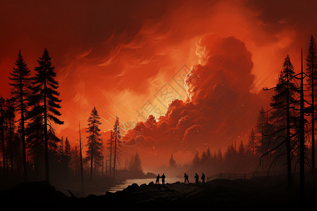 红色火光森林大火产生的烟雾插画