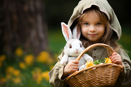 小女孩抱着白色的兔子高清图片