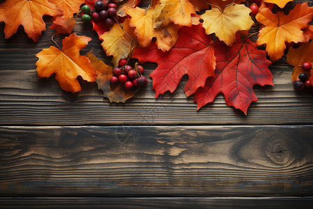 秋叶覆满木质桌面图片