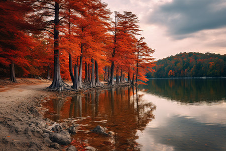 秋日林间湖畔图片