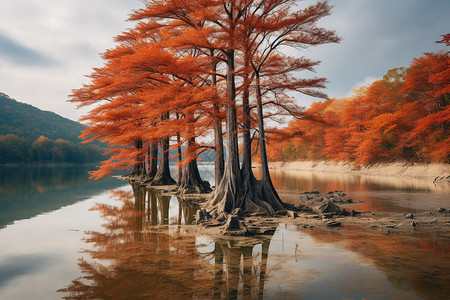 秋日枫叶湖畔背景图片