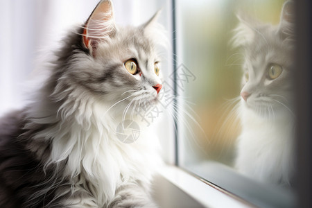 白色猫咪看外面望向窗外的猫咪背景