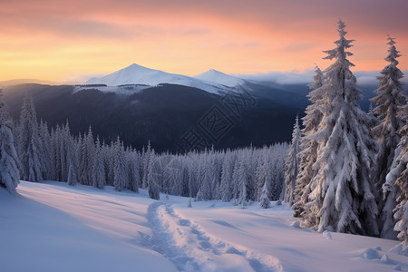 晚霞中的冬日高山图片
