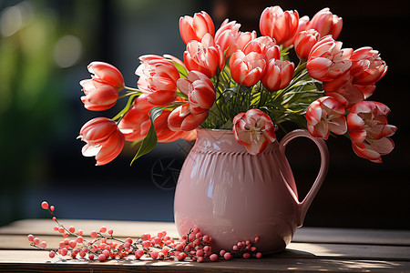 粉色花瓶中的郁金香图片