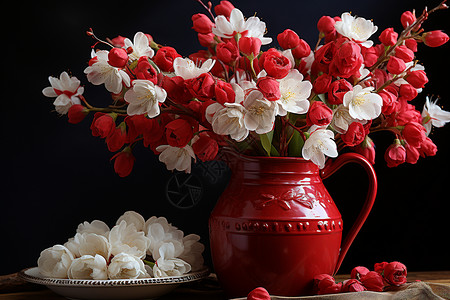 红色大花朵红色花瓶里的红白花束背景