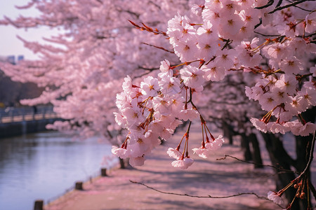 樱花枝丫湖边的樱花背景
